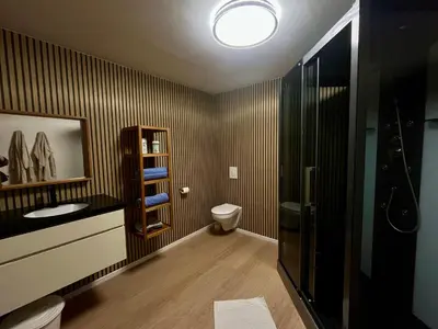 a bathroom with a toilet and a glass shower at Le Luxe in Fléron