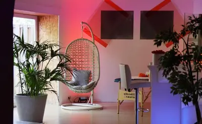 a room with a chair and a desk with plants at Le Rêve de Narcisse in Fléron