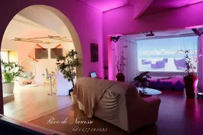 a room with a purple room with a bed in it at Le Rêve de Narcisse in Fléron