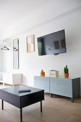 a living room with a tv and a coffee table at Le Carlton in Liège