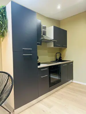 a kitchen with a black refrigerator and a chair at Élégant appartement avec bain balnéothérapie in Liège