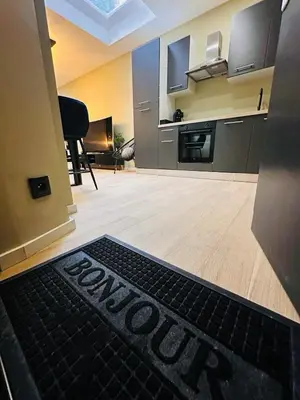 a room with a kitchen with a black rug on the floor at Élégant appartement avec bain balnéothérapie in Liège