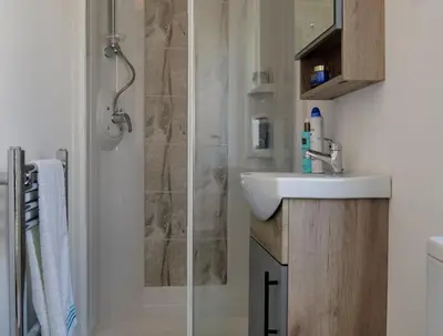 a bathroom with a shower with a sink and a sink at Camping Zavelbos Superior Chalet in Maaseik