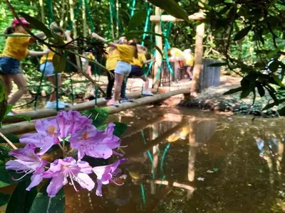 a group of people on a playground with purple flowers at Zutendaal Forest Retreat in Zutendaal