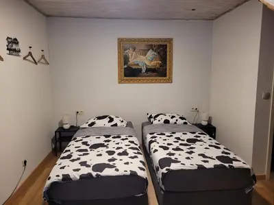 two beds in a room with a picture on the wall at Bertha in Houthalen-Helchteren