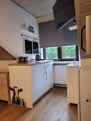 a kitchen with a cow painted on a cabinet at Bertha in Houthalen-Helchteren