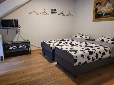 a bedroom with a black and white bed and a tv at Bertha in Houthalen-Helchteren