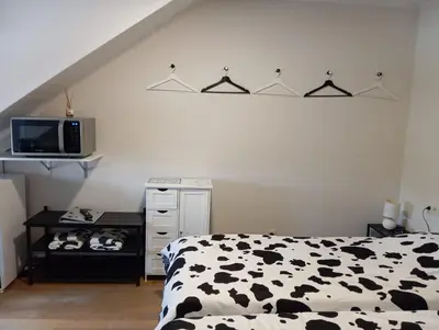 a bedroom with a black and white bed and a tv at Bertha in Houthalen-Helchteren