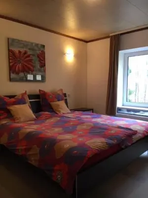 a bedroom with a bed with a colorful comforter and a window at Tweekamer Apartement in Dilsen-Stokkem