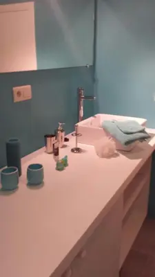a bathroom counter with a sink with a towel on it at Take a break in Voeren