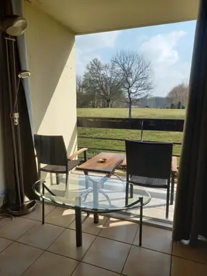 a glass table and chairs on a patio with a view of a field at Ap78 Nature Ardennes Economy class apartment in La Calamine