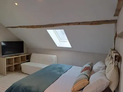 a attic bedroom with a bed and a television at Hoeve BôThé - B&B in Alken