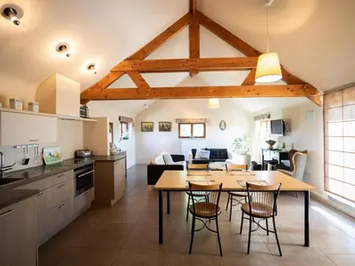 a kitchen and living room with a table and chairs at Alfonsinehoeve - we gaan zelf niet op vakantie, de vakantie komt naar ons in Heers
