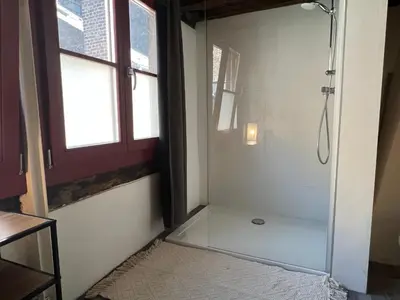 a shower with a glass door in a bathroom at La petite maison de l'impasse in Liège