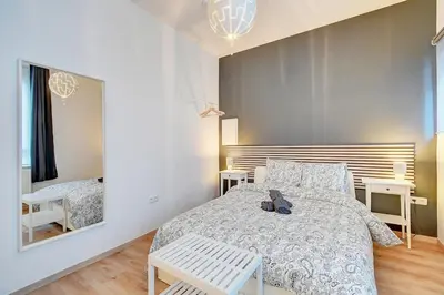 a bedroom with a large bed and a mirror at Le cocon de la gare - centre in Liège