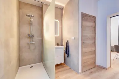 a bathroom with a shower and a sink at Le cocon de la gare - centre in Liège