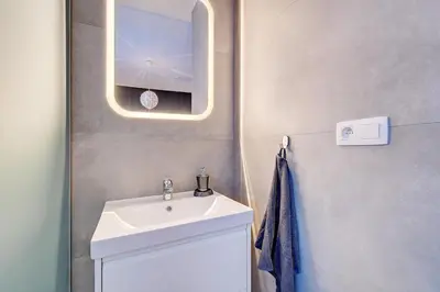 a bathroom with a sink and a mirror at Le cocon de la gare - centre in Liège