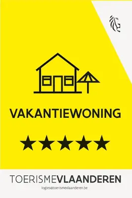 a yellow sign with a house and five stars at Huisje Emma in Tongeren