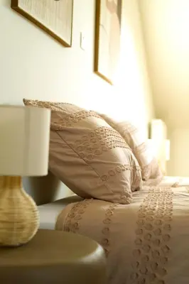 a bed with pillows and a lamp on a table at Maison Magnifiek in Hasselt