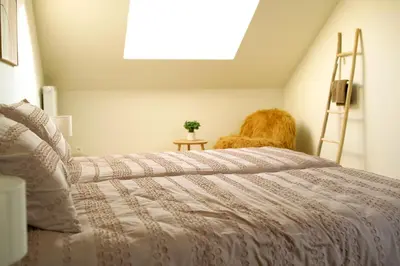 a bedroom with a bed with a white comforter at Maison Magnifiek in Hasselt