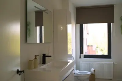 a white bathroom with a sink and a toilet at Maison Magnifiek in Hasselt
