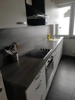 a kitchen with a sink and a stove top oven at Appartement confortable proche centre et idéal pour ULiège Sart Tilman in Liège