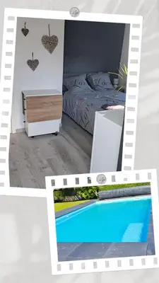 a bedroom with a bed and a swimming pool at Au coin du hérisson in Olne
