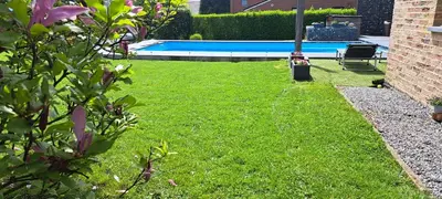 a backyard with a swimming pool and a grass yard at Au coin du hérisson in Olne
