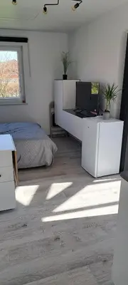 a bedroom with a bed and a tv on a cabinet at Au coin du hérisson in Olne