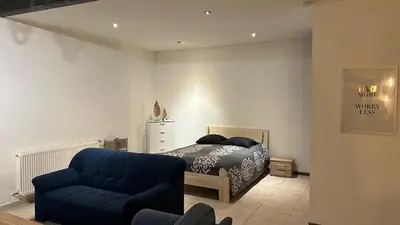 a bedroom with a bed and a blue couch at Le Rez d'Amercoeur in Liège