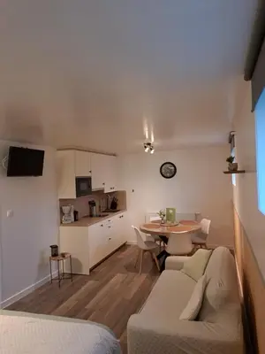 a living room and kitchen with a couch and a table at B&B Hoeve Terwinghe in Gingelom