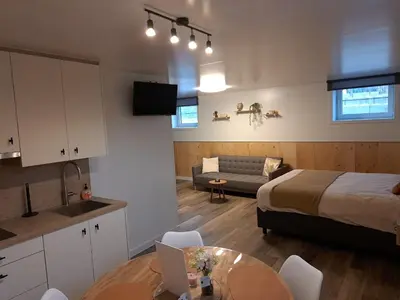 a kitchen and a bedroom with a bed and a table at B&B Hoeve Terwinghe in Gingelom