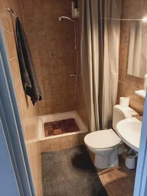 a bathroom with a shower and a toilet and a sink at Ap76 Nature Ardennes Economy class apartment in La Calamine