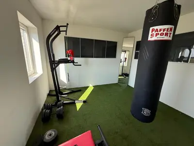 a gym with a punching bag in a room at House with garden, fireplace and hot tub in Kinrooi