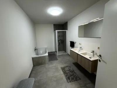 a bathroom with a sink and a shower at House with garden, fireplace and hot tub in Kinrooi