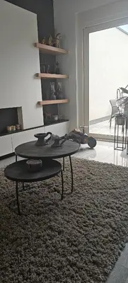 a living room with a table and a rug at holiday home Zonnestraal in Zonhoven
