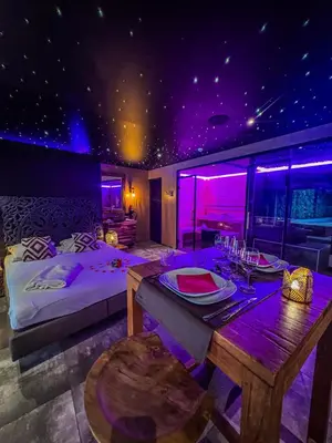 a room with a bed and a table and purple lighting at Clos des Thermes-Secret Garden in Liège