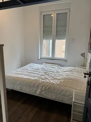 a bed in a room with two windows at Le 21 - Appart 3 chambres - centre de Liège in Liège