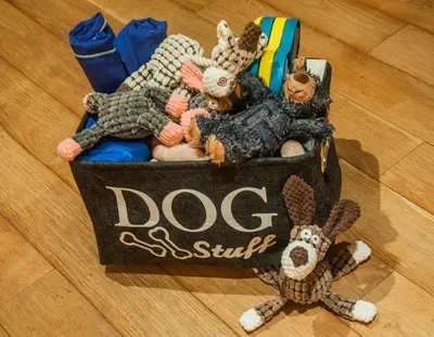 a box filled with stuffed toys on a wooden floor at Chalet Klein Geluk in Lanaken