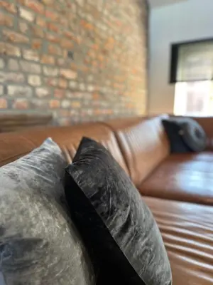 two pillows on a leather couch in a living room at Residence Saint Lambert in Plombières
