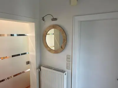 a bathroom with a mirror and a radiator at Cottage CaLoMa in Eupen