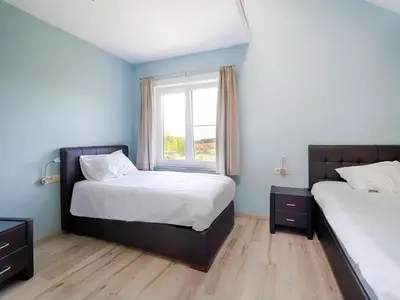 a bedroom with two beds and a window at Villa Borgloon with Blossom Views and Jacuzzi in Borgloon