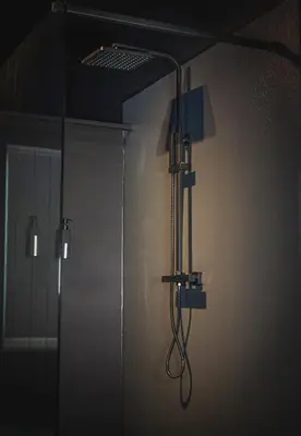 a shower in a bathroom with a glass door at Loft Ardent in Liège