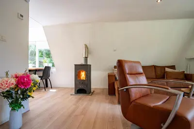 a living room with a couch and a wood stove at Boshuisje met jacuzzi in Lanaken