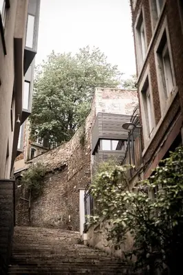 a stairway leading up to a building with a balcony at La Tour in Liège