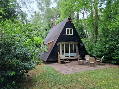 a black tiny house in the middle of a forest at Bosrijk gelegen vakantiehuis met optimale privacy! in Lanaken
