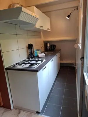 a small kitchen with a stove and white cabinets at Bosrijk gelegen vakantiehuis met optimale privacy! in Lanaken