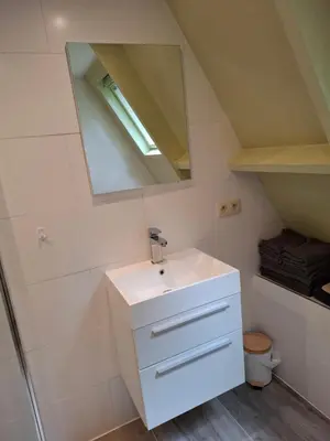 a bathroom with a sink and a mirror at Bosrijk gelegen vakantiehuis met optimale privacy! in Lanaken