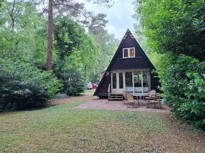 a small black cabin in the middle of a yard at Bosrijk gelegen vakantiehuis met optimale privacy! in Lanaken