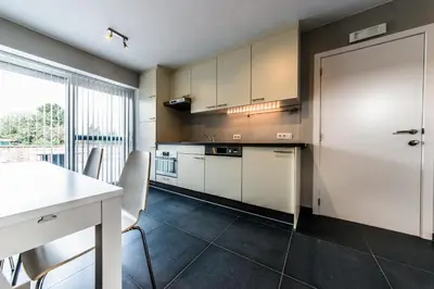 a kitchen with white cabinets and a table with chairs at Vakantiewoningen De Jud in Maasmechelen